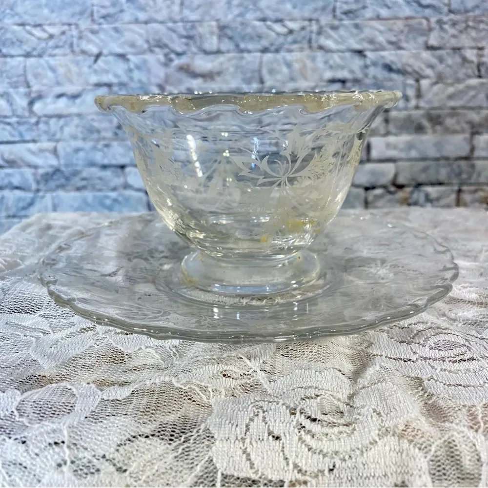 Vintage Crystal Condiment Bowl with Matching Saucer Set of Two
